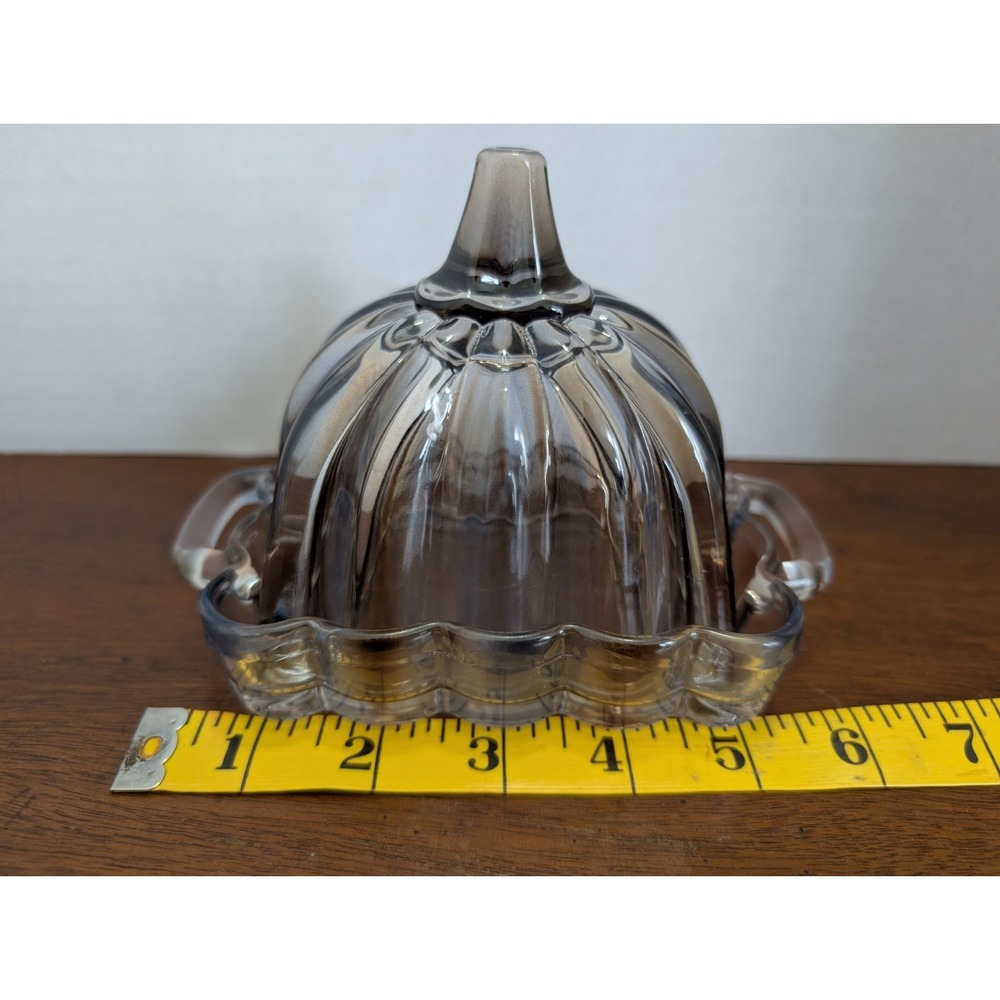 Ribbed Glass Domed Blue & Brown Ribbed & Scalloped Butter Dish - Picture 1 of 3